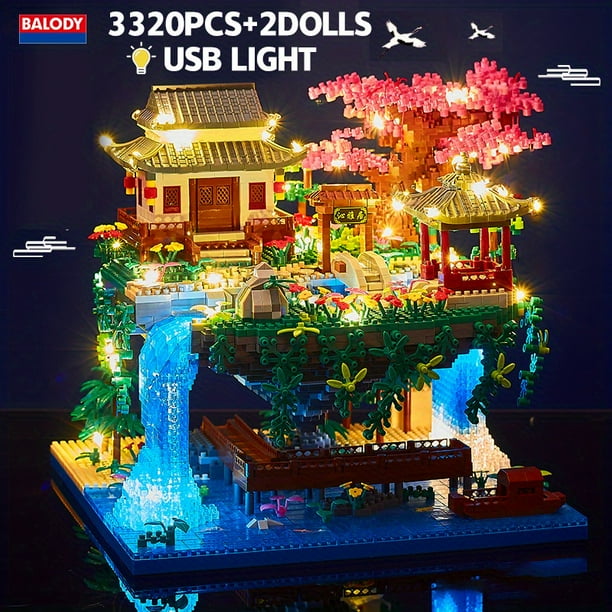 BALODY 3320pcs Architecture Series Cherry Blossom Chinese Ancient Style Architecture Taohuatan Tiny Bricks Assembled Building Blocks Boys And Girls