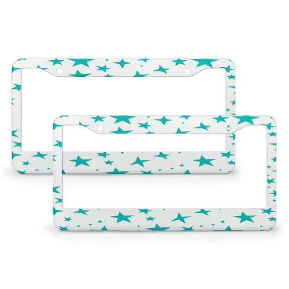 2 Pack Teal White Stars Pattern Retro License Plate Cover Abstract USA Star Design License Plate Frame License Plate Shield Frame Stainless Aluminum 2 Round Holes for Women Men US Vehicles Standard