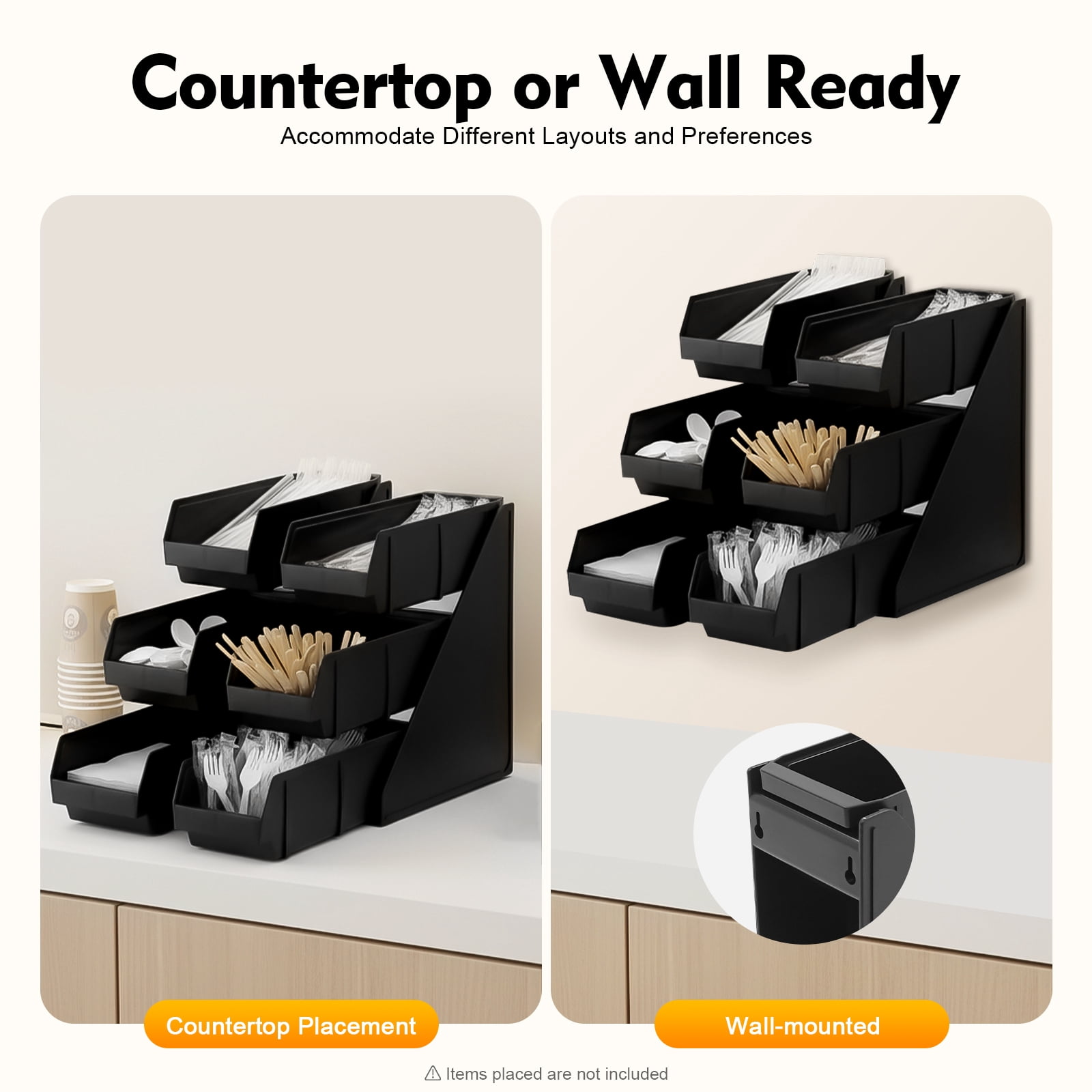 6 Compartment Serve Condiment Bin, 3-Tier Self Serve Condiment Bin Stand, Plastic Containers Storage Bins, Countertop Condiment Organizer for Coffee Shops Restaurants Bars