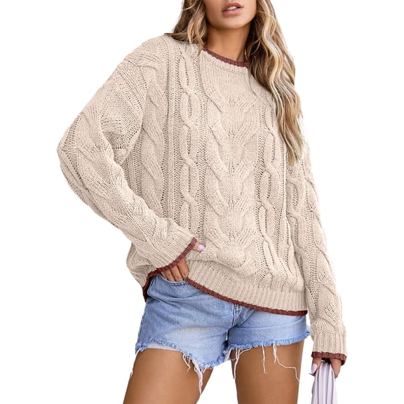 WTOBBY Women's Loose Winter Knitted Fashion Casual Pullover Sweater, Cozy Long Sleeve Top for Fall and Winter, Comfortable and Stylish Everyday Outfit,Beige L
