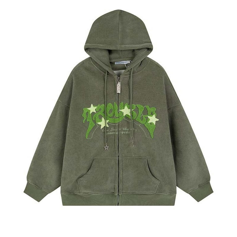 American Vintage Y2k Letter Embroidery Hoodies Couple Loose Fleece  Thickened Jackets Zip Up Goth Coat Kawaii Winter Top Clothing