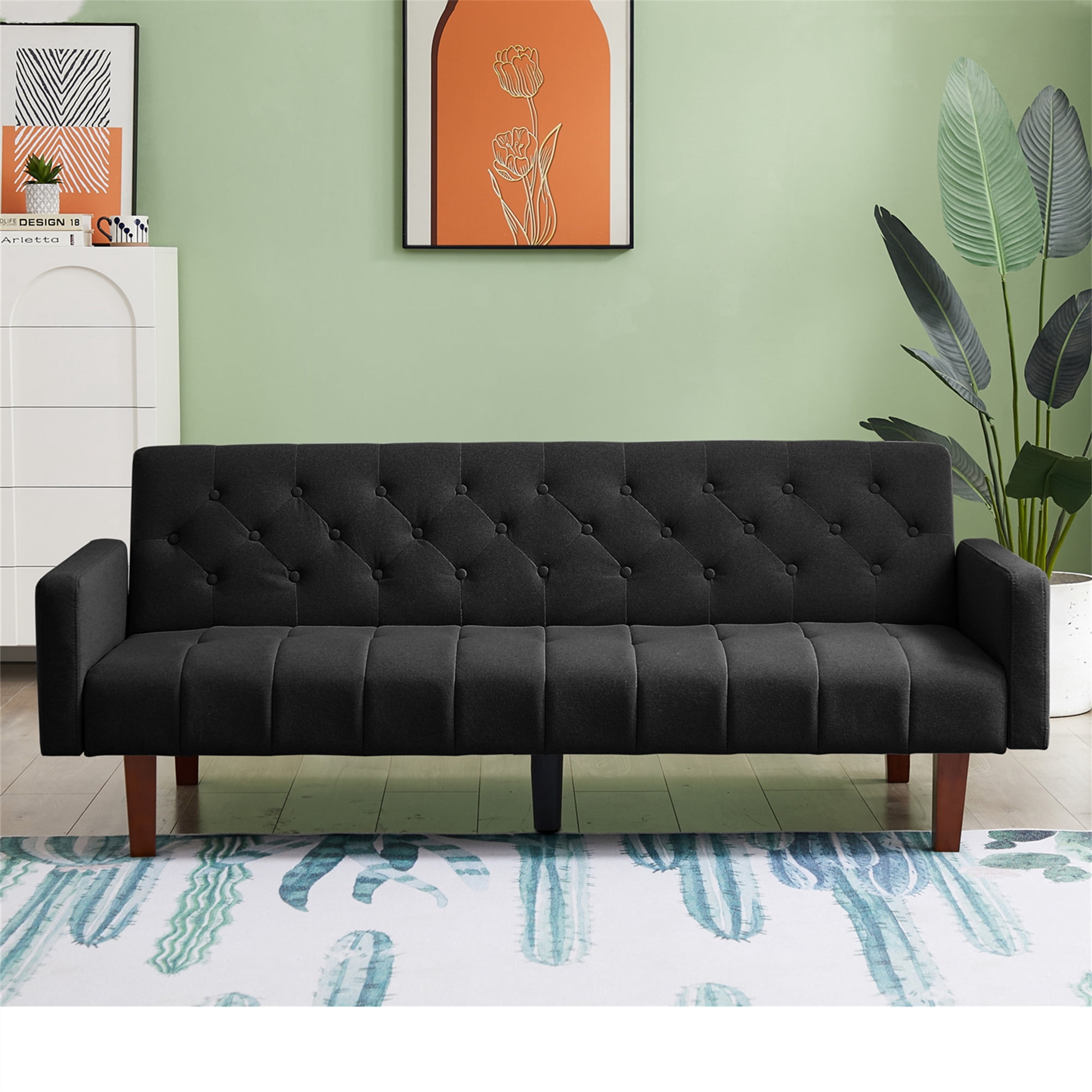 Aukfa 75" Tufted Futon Convertible Sofa Bed, Upholstered Arm Couch for Home Office, Black