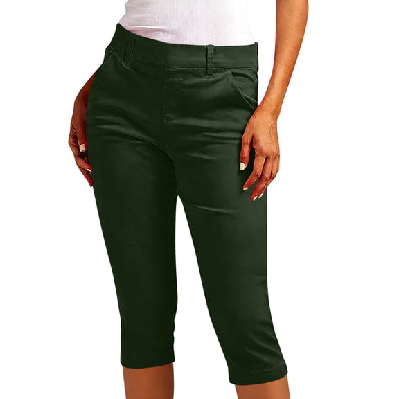 cocolona Summer Casual Capri Pants for Women Solid Color Elastic Slim Waist Outdoor Hiking Cropped Trousers with Pocket