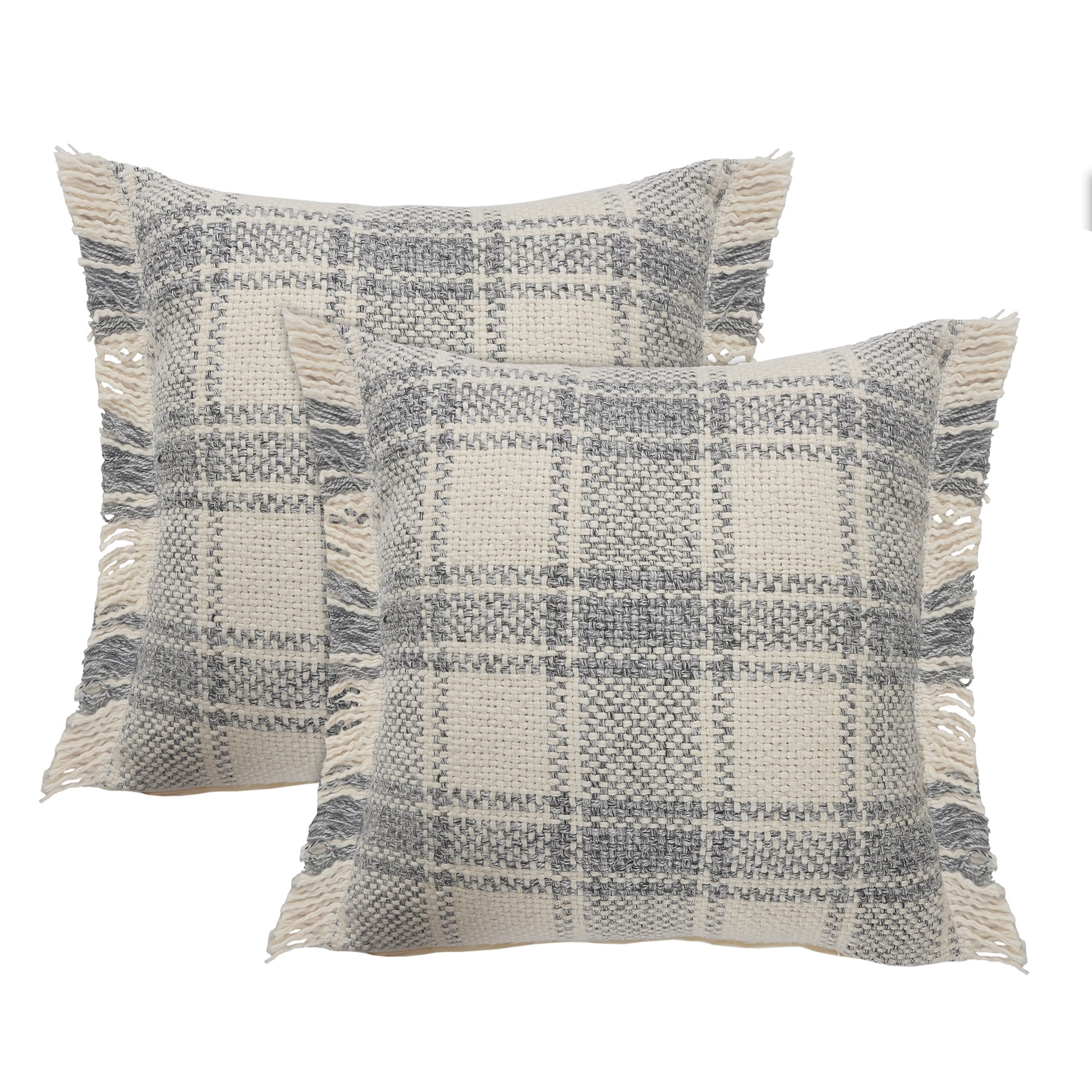 Laddha Home Designs Plaid Checkered Square Throw Pillow - 20" - Cream and Gray - Set of 2