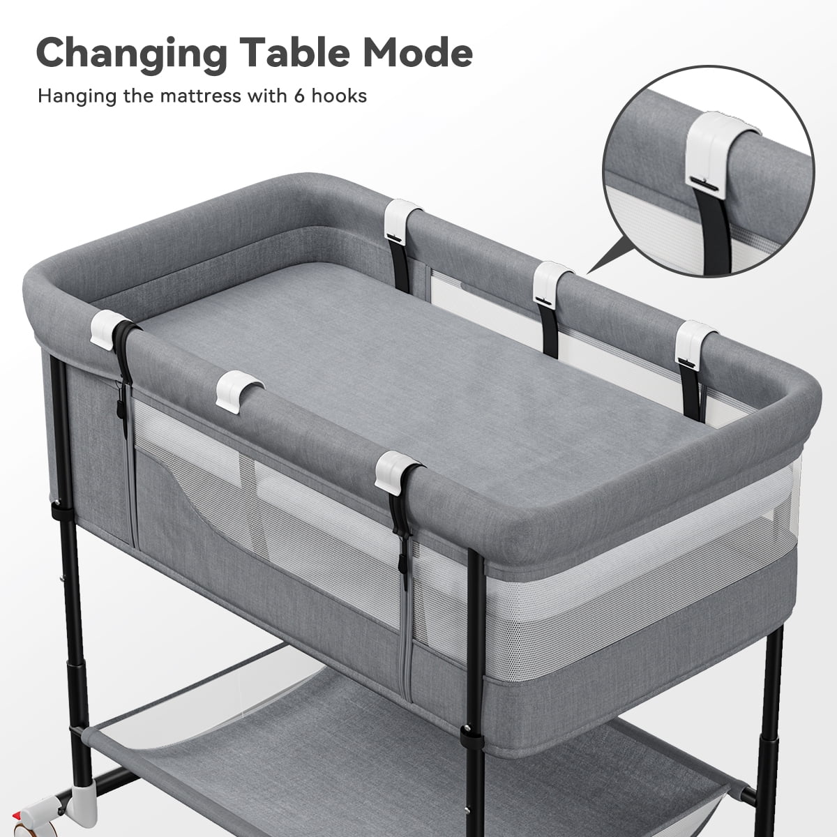 Baby Bassinet, Caveen 4 in 1 Adjustable Infant Bedside Crib Beds with Changing Table, Storage Basket, Wheel, Mosquito Net, for 0-24 Months, Gray