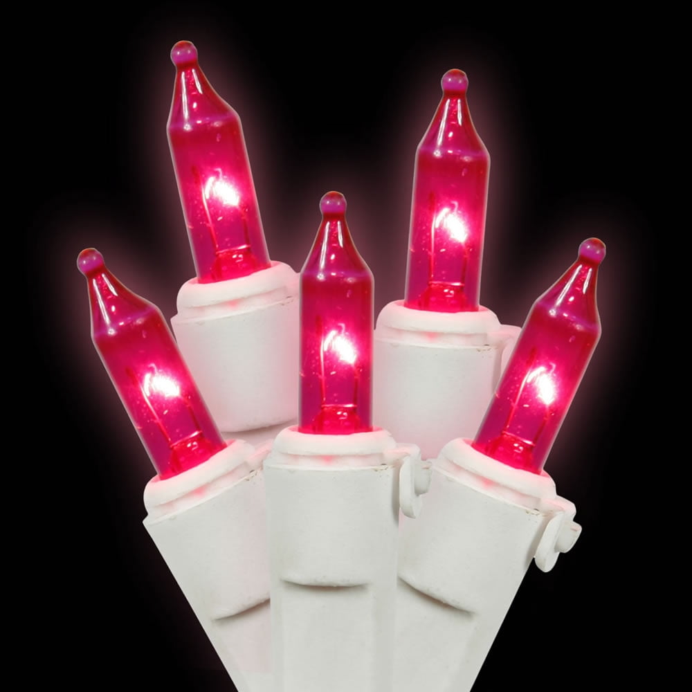 Vickerman 50 Pink Mini Light Set on White Wire, 16' Christmas Light Strand