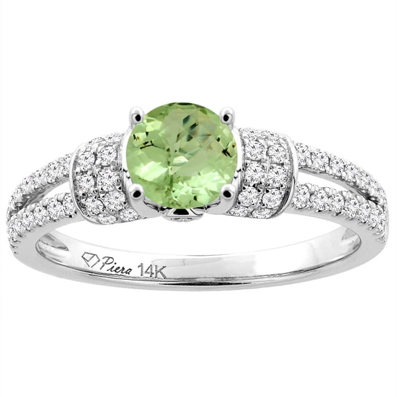 14K White Gold Natural Peridot Engagement Ring Round 6 mm & Diamond Accents, size 6