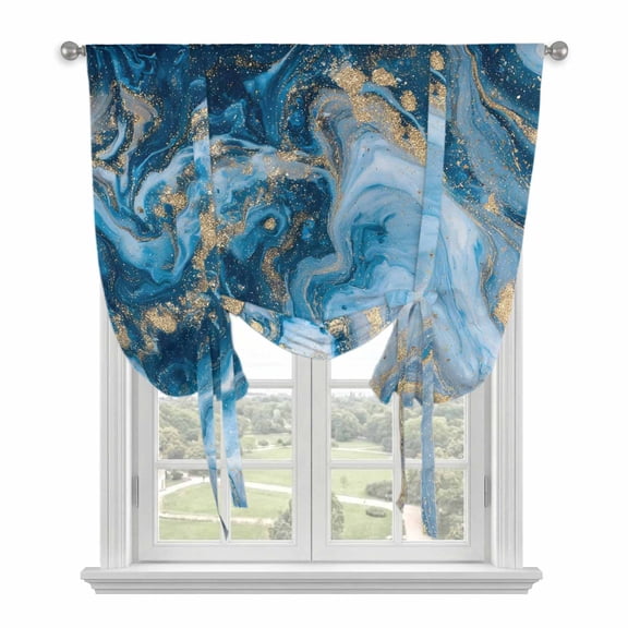 Blue Gold Marble Balloon Curtains 63 Inch Length for Living Room/Bedroom, Modern Abstract Geometric Gradient Rod Pocket Privacy Door Curtains Decorative Tie Up Shade for Window 52"x63"