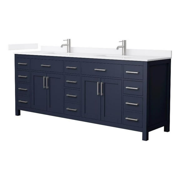 Beckett 84" Dark Blue Double Vanity & White Quartz Top (1-Hole) & Nickel Trim