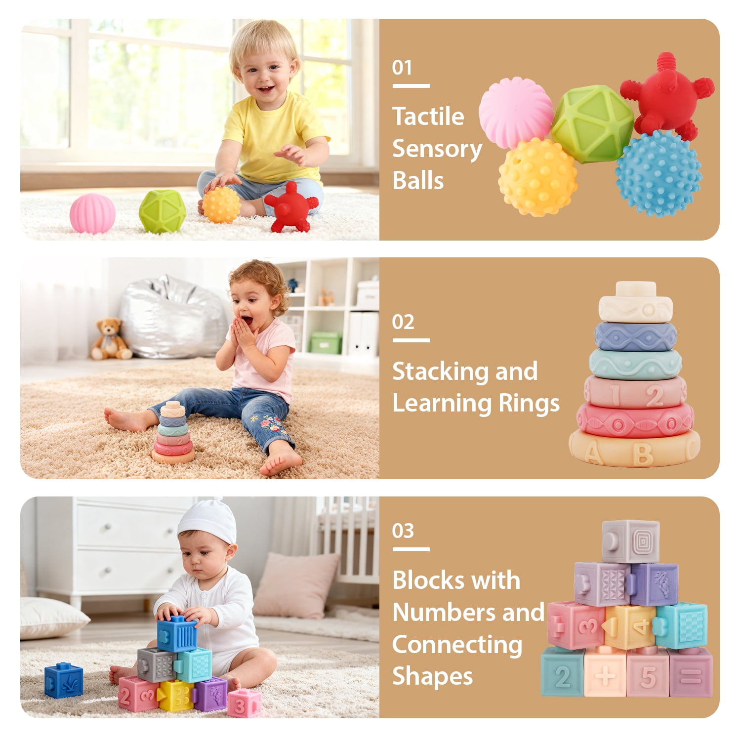 Askmuse 24PCS Montessori Toys,Baby Blocks Stacking Rings,Soft Teething Stacking Toy Set,Multi-Sensory Learning Play,Sensory Balls for Baby Toddler Development,for Ages 6M+