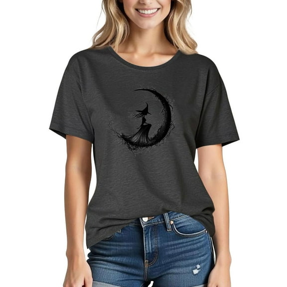 Xdegoge Halloween Witch Pumpkin Lightweight Tee,Women's Short Sleeve Vintage Shirt,Graphic Cotton Crewneck,Casual Loose Fit,Cute Fall Blouse,Festival Party Fashion,Mujer Black M