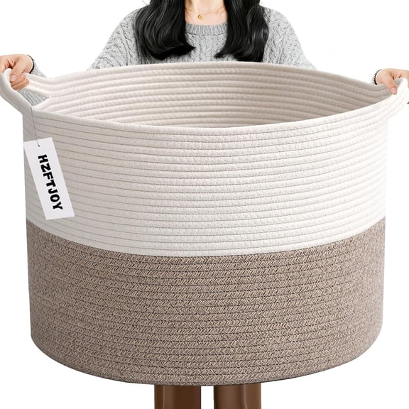 65L Large Blanket Basket,19.7" L x 19.7" W 13" H Rope Woven Baskets with Handles, Toys Storage Bins,Laundry Basket Perfect for Living Room, Nursery,Bedroom,Home Organization,White&Brown