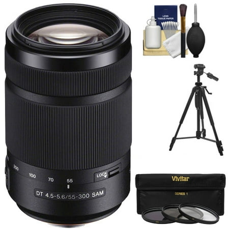 Sony Alpha 55-300mm f/4.5-5.6 DT SAM Zoom Lens with 3 UV/CPL/ND8 Filters + Tripod + Accessory Kit for A37, A58, A65, A68, A77 II, A99 (Best Lens For Sony A58)