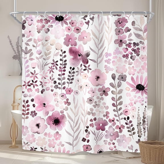 Mauve Floral Shower Curtain for Bathroom Decor 72Wx72H Purple Wildflower Watercolor Boho Flower Leaves Botanical Modern Elegant Art Printed Fabric Polyester Waterproof 12 Pack Plastic Hooks