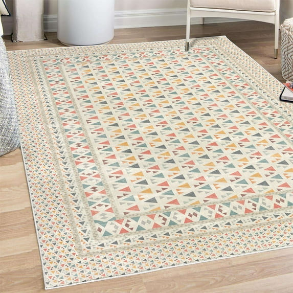 Geometric Decorative Rug, Minimal Design Abstract Triangle Shapes in Modern Themed Concept, Quality Carpet for Bedroom Dorm and Living Room, 6 Sizes, Coral Seafoam Orange, by Ambesonne