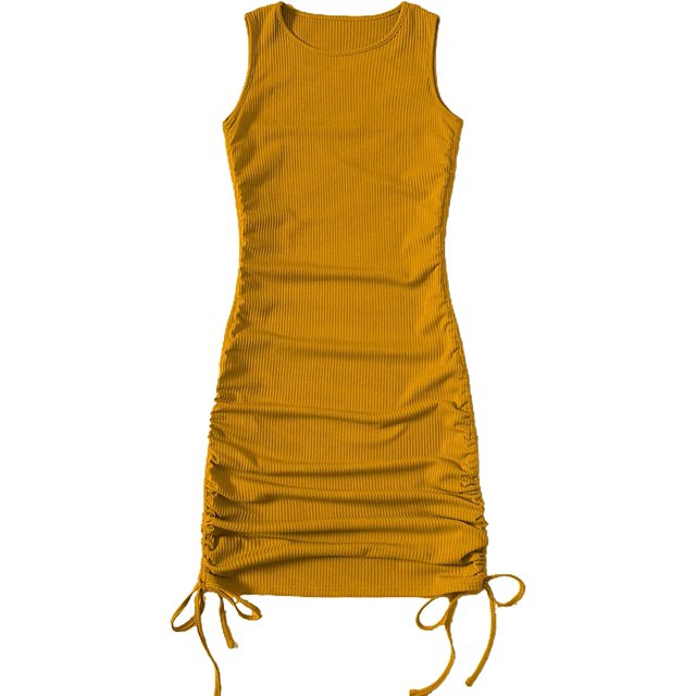 Vestido corto sin mangas fruncido para mujer, con cordón y lazo lateral, cuello redondo, vestido corto Amarillo CH Amarillo CH Xishao ropa