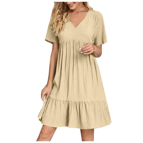 Busydd Plus Size Womens Dresses S-5XL Solid Color V Neck Sundresses for Women Trendy Flowy Short Sleeve Spring Summer Dress Tiered Pleated Casual Dresses for Women