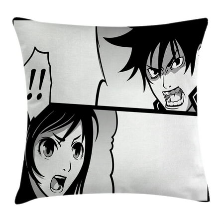 Anime Throw Pillow Cushion Cover, Japanese Comics Strip with Boy and Girl Fight Scene Manga Image Cartoon Print, Decorative Square Accent Pillow Case, 18 X 18 Inches, Black White Gray, by