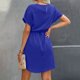 thumbnail image 3 of Vestido de Manga Corta para las Mujeres, Color Sólido Encaje Hasta Cintura Retracta Satén Tenedor Dividido, Cuello Redondo Midi, 3 of 8