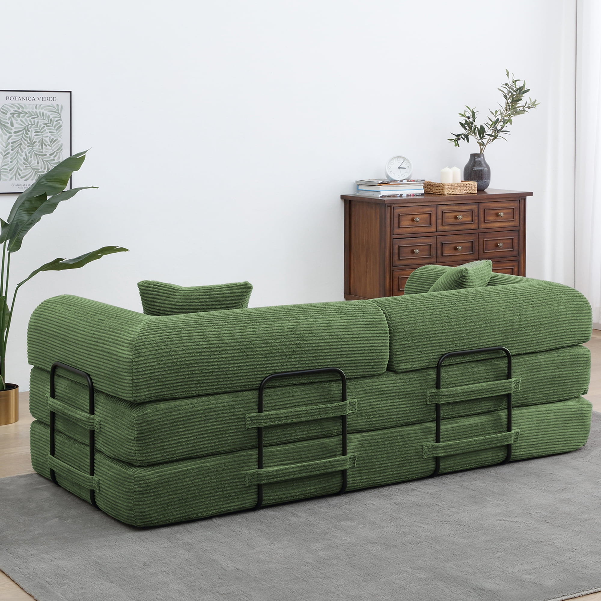 Miniyam Convertible Sleeper Sofa Bed with Cylindrical Pillow - Corduroy Folding Mattress Couch with Fixed-Shape Frame for Living Room, Bedroom, Lounge, Studio - Olive Green