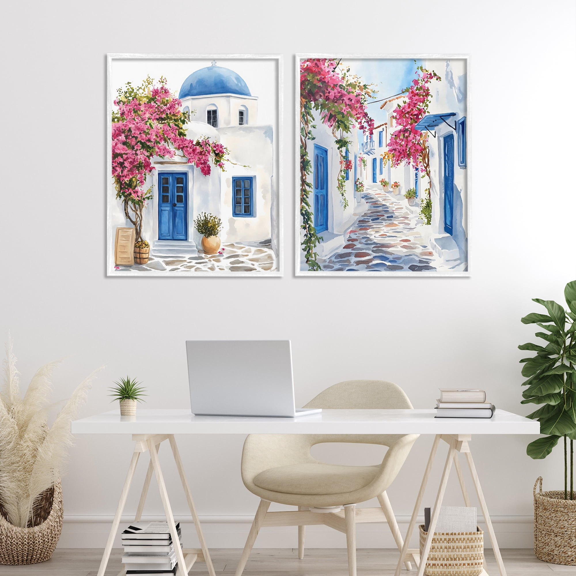 Stupell Industries Santorini House with Pink Tree 2 Piece White Framed Giclee Art Set, design by LSR Design Studio