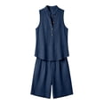 thumbnail image 7 of Women's Linen Blend Collared Sleeveless Half Button Tank Bermuda Shorts 2 Piece Outfit, Solid Loose Beach Casual Matching Set Navy L(L), 7 of 7