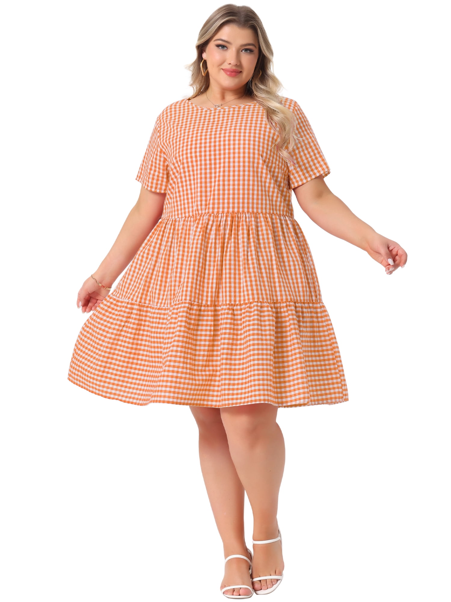 DARING DIVA Women's Plus Size Plaid Round Neck Short Sleeve Midi Dress 3X Orange