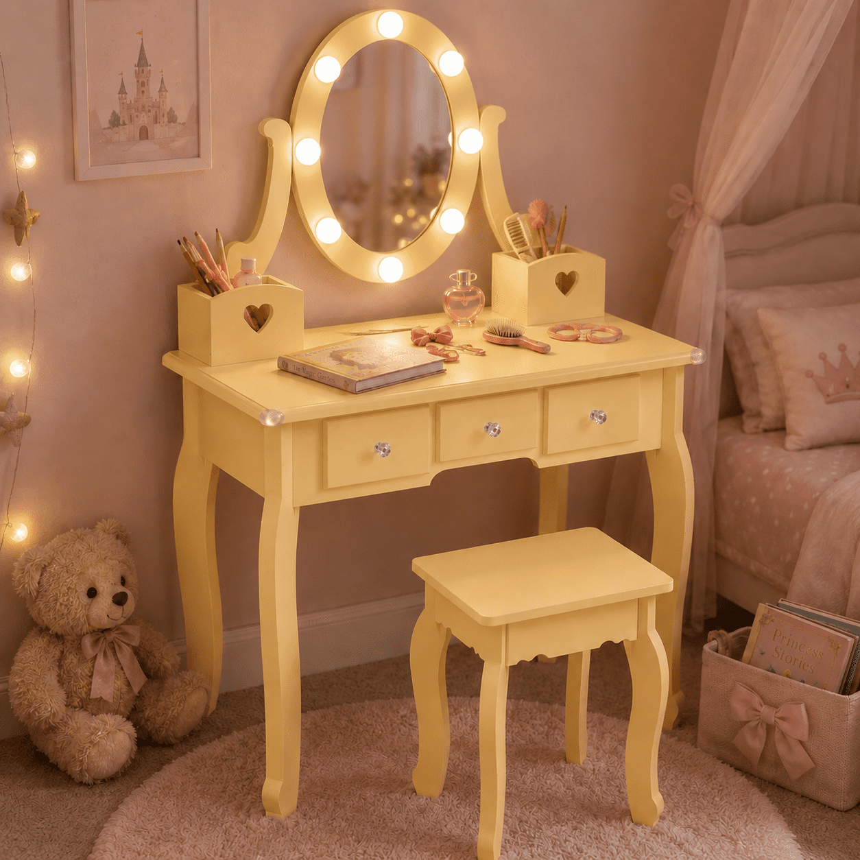 Ktaxon Kids Play Makeup Vanity Set with 3-Color Light, Girls Vanity Dresser Desk with Matching Stool, Light Orange