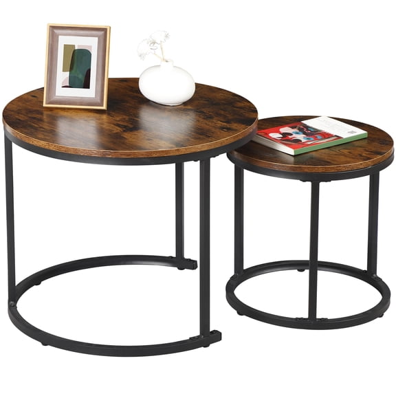 Modern Nesting Coffee Table Set of 2 Round Wood Accent Side Tables with Metal Frame
