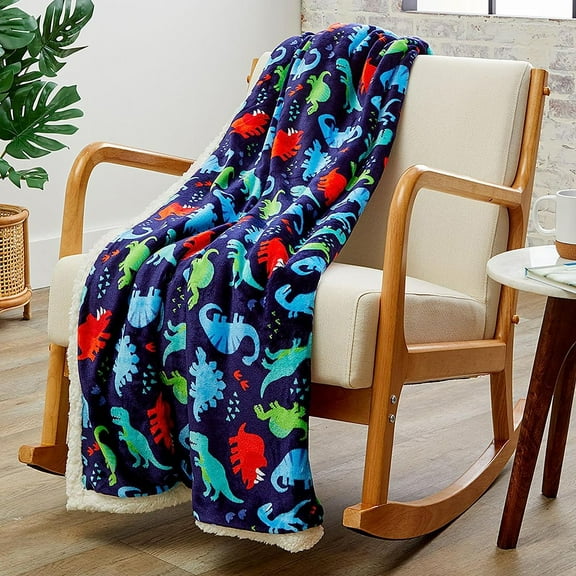 Elegant Comfort Reversible, Printed Sherpa Throw Blanket, All-Season Blanket- Plush- Decorative Throw, Perfect for Lounging, 50 x 60 inches, Navy Dino Sherpa Throw Blanket
