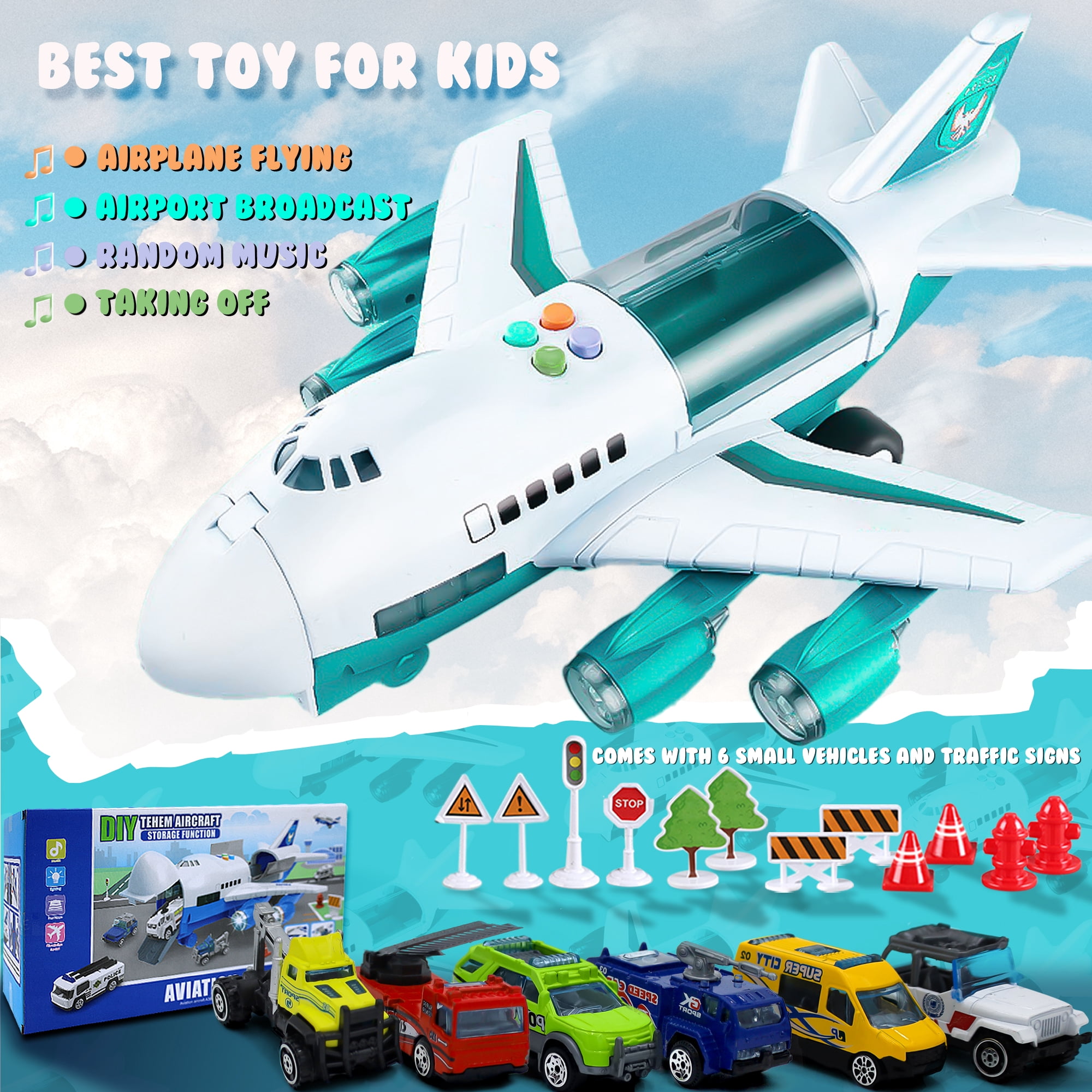 JoyX Airplane & Car Toy Educational Set for Kids – Interactive Play with Lights, Sounds & Road Signs