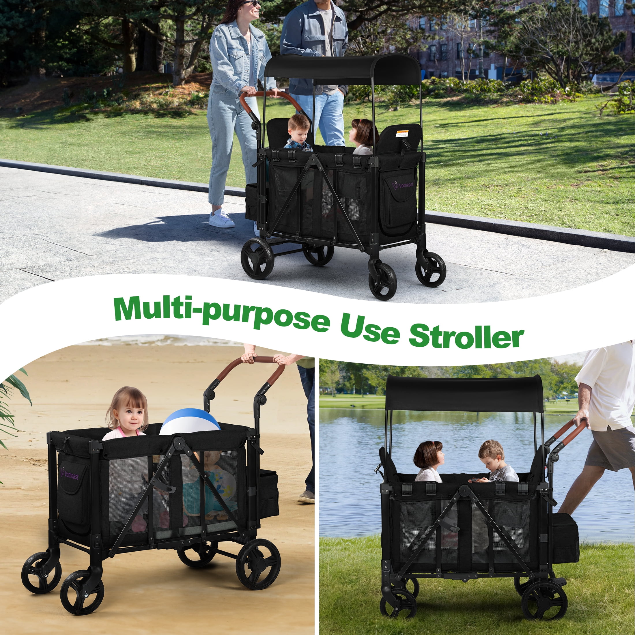 Vomeast Wagon Stroller for 2 Kids, 3-in-1 Outdoor Baby Stroller Wagon with Canopy, 5-Point Harness, Adjustable Handlebars, Removable Seat for Toddlers, Black