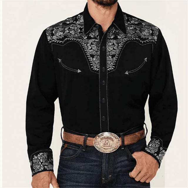 Camisa vaquera occidental para hombre, con estampado floral, abotonada, para festivales al aire libre, suave y cómoda, con solapa retro, tallas S-6XL