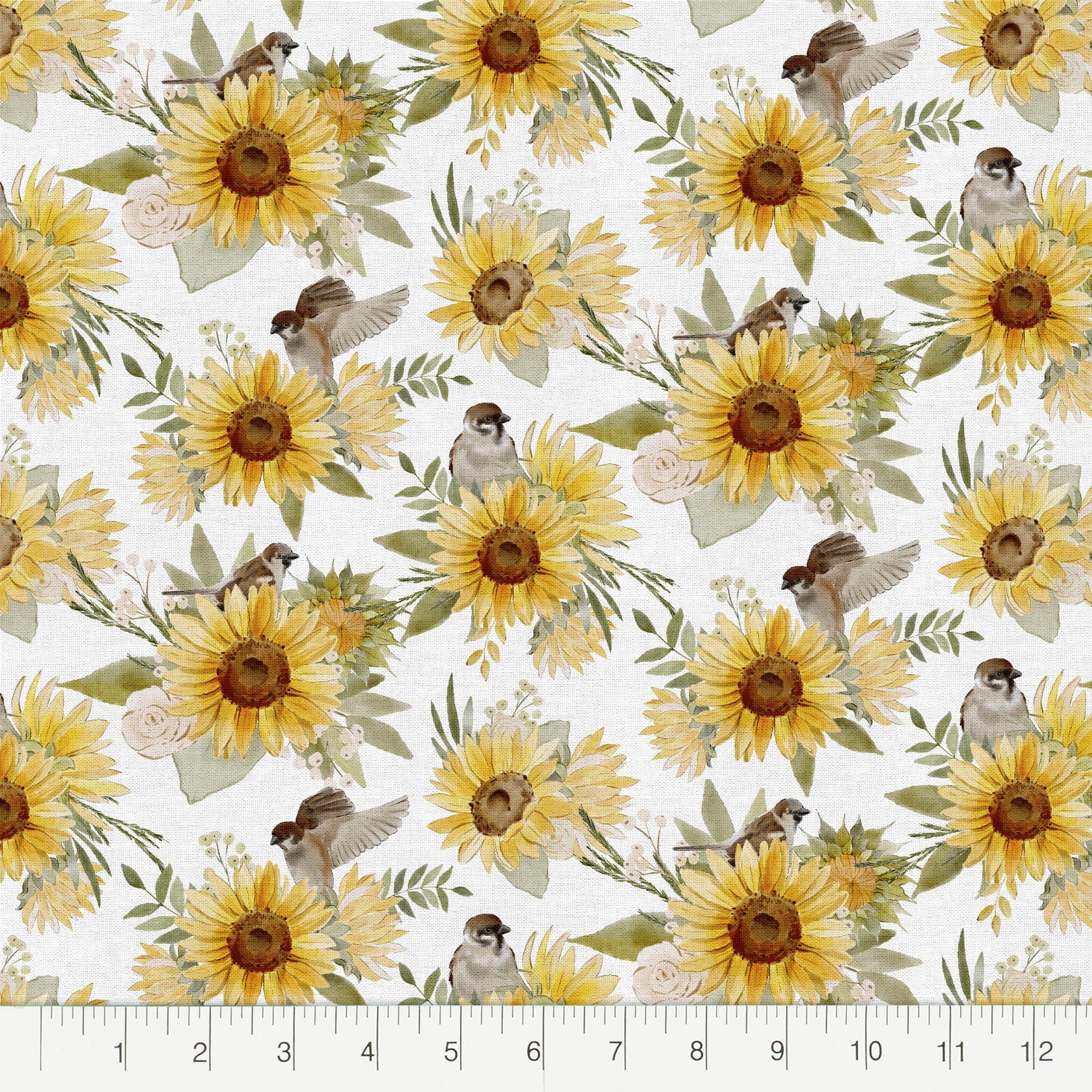 (3 pack) Fabric Editions 36" x 42" Cotton Sunflower Birds 1 Yard Precut Sewing & Craft Fabric, White 1 Piece