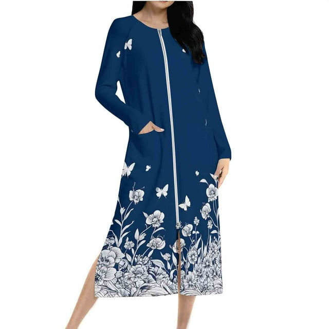 Ovingeta Robe de Nuit Raglan pour Femmes, Tenue d'Intérieur, Robe de Pyjama à Fermeture Éclair Intégrale, Imprimé, Vêtement de Nuit, Blouses Brossées, Vêtements, Robes de Nuit Pleine Longueur, Pyjamas à Manches Longues
