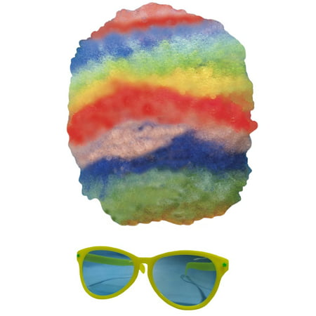 Giant Rainbow Clown Afro Wig Carnival Yellow Jumbo Sunglasses Costume Accessory