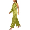 thumbnail image 4 of Womens Satin Two Piece Set Asymmetrical One Shoulder Top High Waist Wide Leg Pants Elegant Party Outfit Green XXXL(XXXL), 4 of 6
