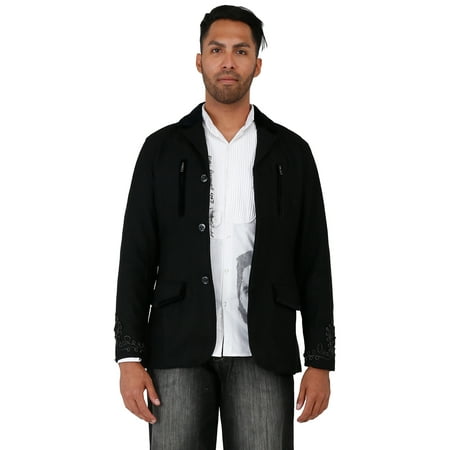 Worsted Wool Blazer - Blanco Label Men's Black Wool Melton Blazer, Back Zipper Teeth Embroidery