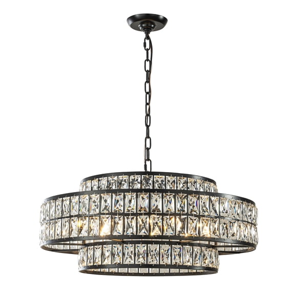 28'' Large Crystal Chandelier Matte Black 2-Tier Drum Pendant Light 8-Light Modern Glam Lighting Fixture for Dining Room Living Room