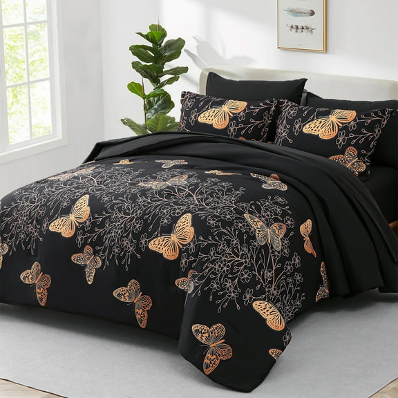 Flymme Gold Butterfly Comforter Set Queen Size 7 Pieces Bed in a Bag Black Bedding Sets for Teens Women Bedroom Decor Soft Microfiber Bed Set for All Season