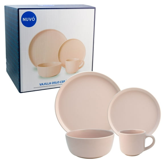Juego de Vajilla Familiar Cerámica, Diseño Minimalista, Colección Nuvó 16 Pzas Para 4 Personas con Caja de Regalo, Color Rosa