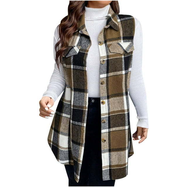 Gilets Thermiques d'Hiver pour Femmes Mode Décontractée à Carreaux Double Face Vestes Sans Manches Col Rabattu Chaud Doux Khaki m