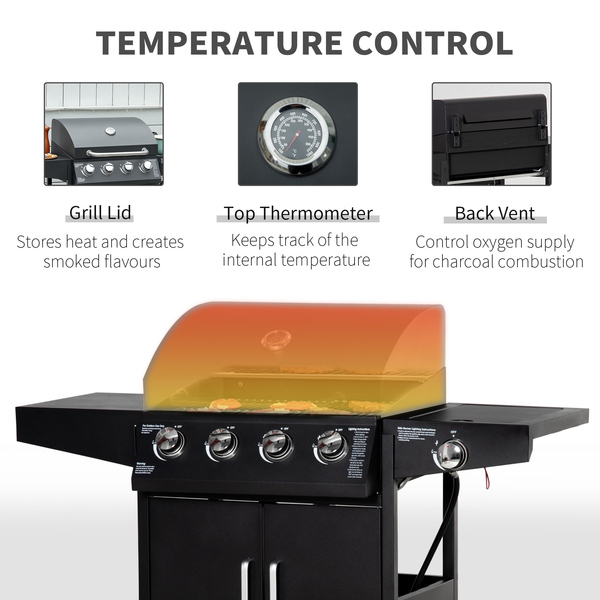 Outsunny 4 Burner Propane Gas Grill with Side Burner, 50,000 BTU Steel Outdoor Barbecue, Wheels, Warming Rack, Shelf, Cabinet, Thermometer, Black