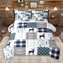 Manfei Rustic Deer Child 7-Piece Twin Bedding Sets, Vintage Blue Buffalo Plaid Bedding Comforter Set, Kawaii Cartoon Animal Reversible Sheet Sets, Microfiber Bedroom Decor