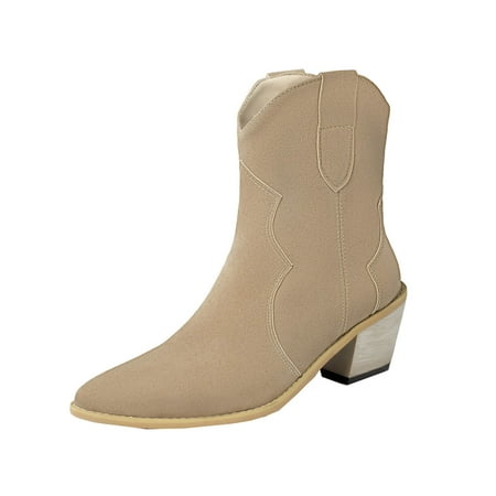 

Womens Foreign Trade Plus Size Ladies Short Boots Pointed Toe Thick High-heeled Sleeve Low Boots Knight Boots Casual Cowgirl Cowboy Boots Vintage Western Trendy All Weather Work Shoes