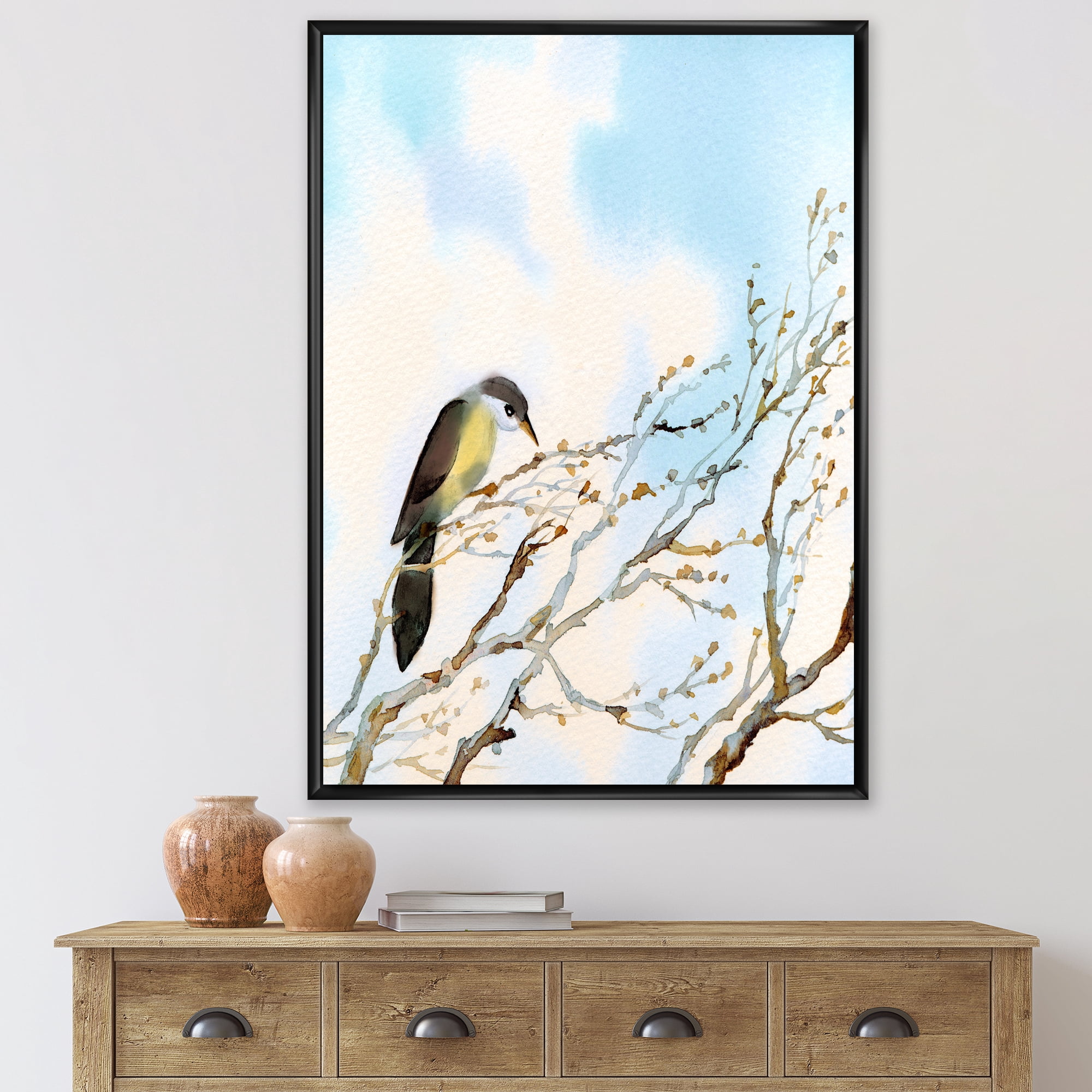 Designart 'Bird Sitting On Old Bare Tree With Blue Cloudy Sky' Traditional Framed Canvas Wall Art Print