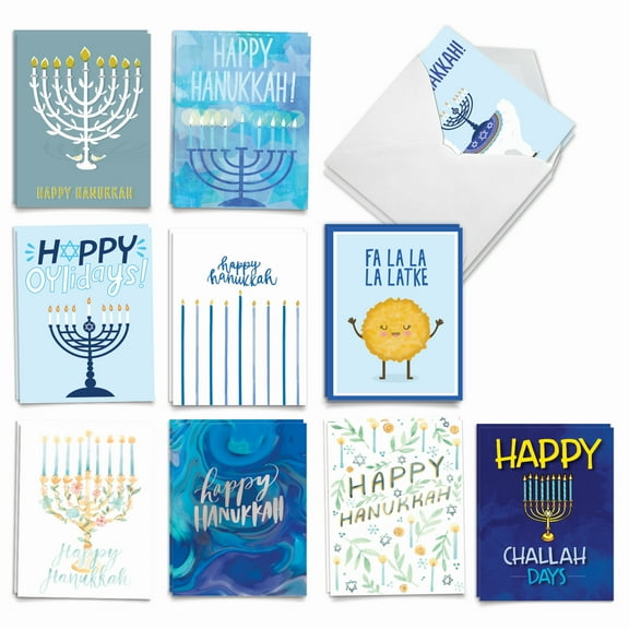20 Chanukah Note Cards Pack (10 Designs, 2 Each) - Holiday Miracles Chanukah (4" x 5.12") AM9553HKG-B2x10