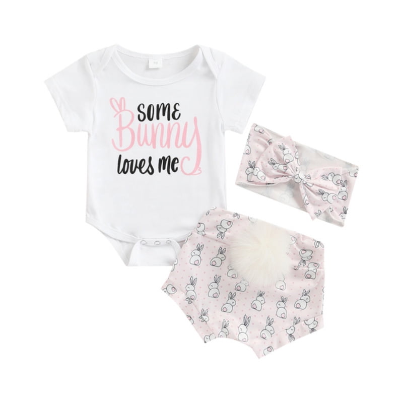 Baby Girl Clothes Newborn Girl Easter Outfits Infant Romper Summer Short Sleeve Ruffle Tops Headband Clothing Set 3Pcs