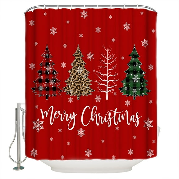 Merry Christmas Shower Curtain, 48" x 72", Xmas Tree Snowflake Red Waterproof Bathroom Curtain Washable Shower Curtain Set with 12 Hooks