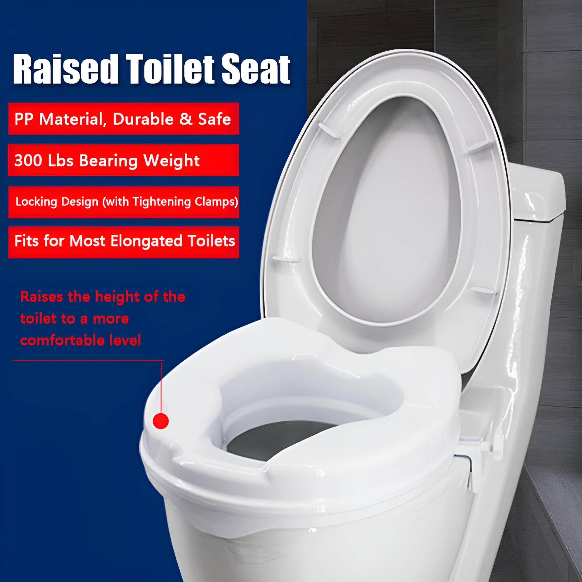 XIRQI Raised Toilet Seat 300 Lbs Heavy Duty Elevated with Tightening Clamps for Most